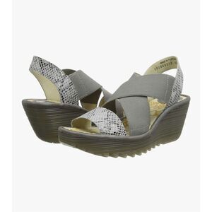 Fly London Yagi Elastic Leather Low Wedge‎ Snake-print Sandal Grey Size 39